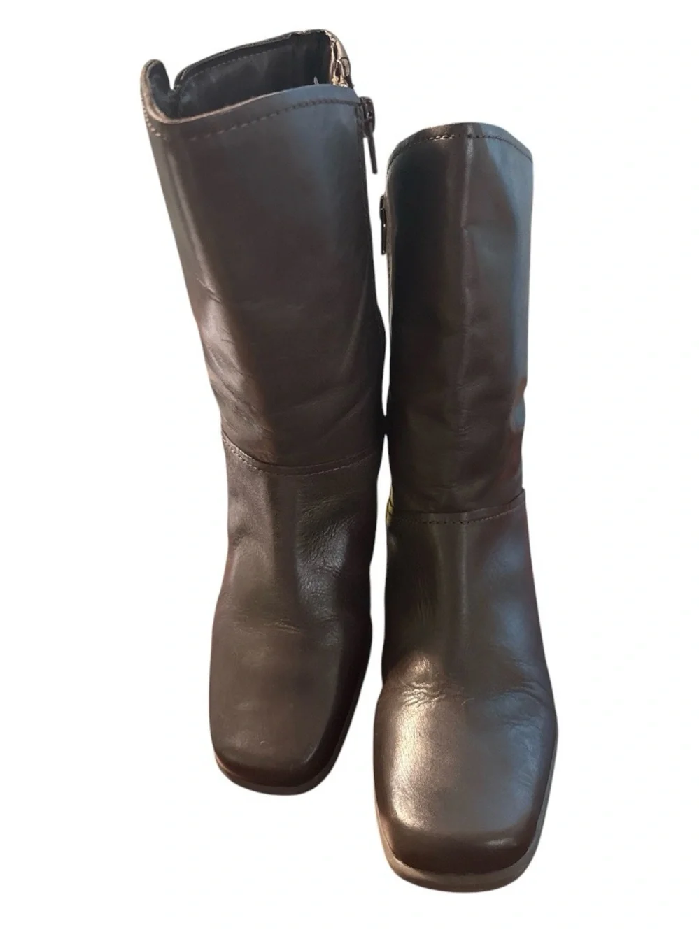 VTG  Brown Leather Boots Y2K Square Toe Mid Calf Chunky Heel Comfort Booties 7